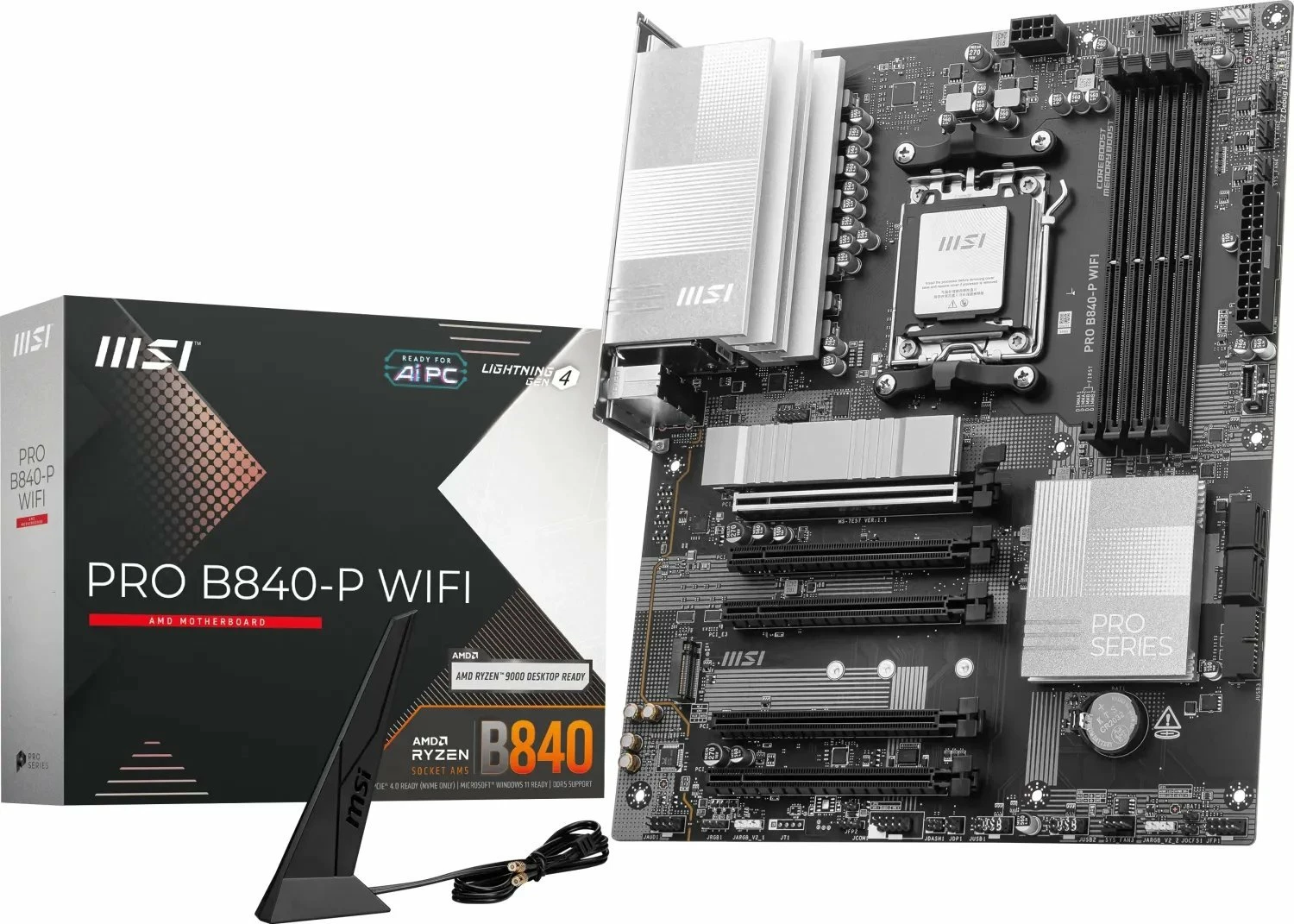 Pllakë amë MSI PRO B840-P WIFI, ATX, DDR5, Wi‑Fi 7 + Bluetooth, 2.5G LAN, argjendtë/zezë