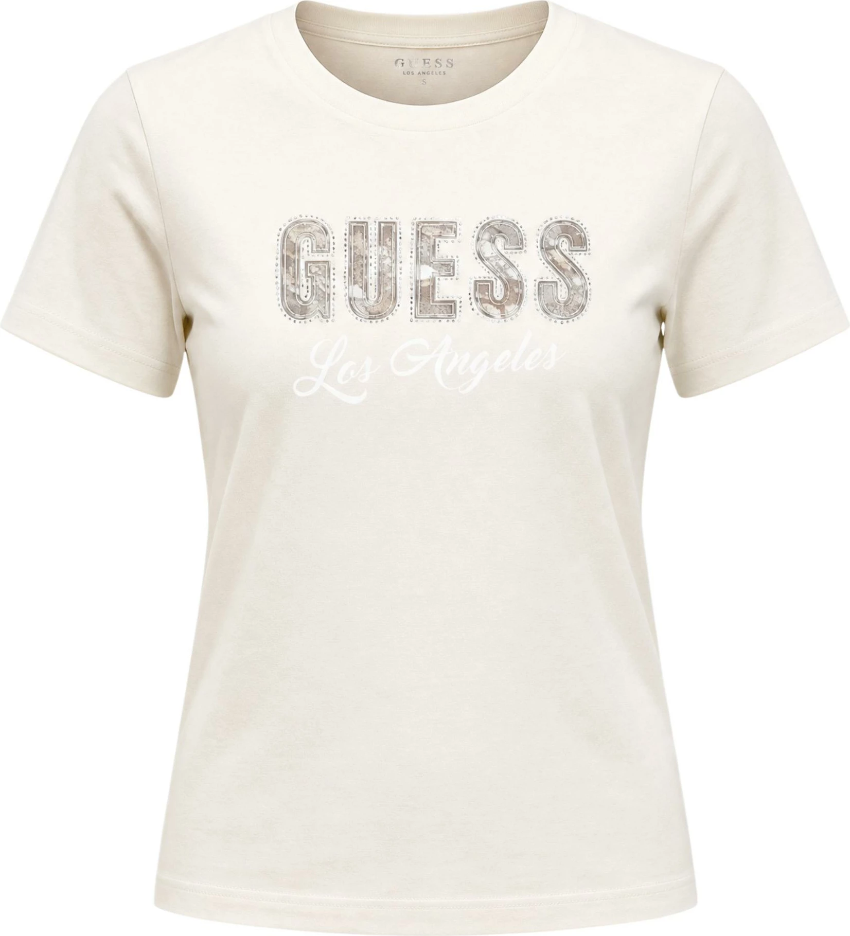 Maicë për femra Guess SS CN Snake Script R W6YI30 K4349, bezhë e hapur [Madhësia: XS]