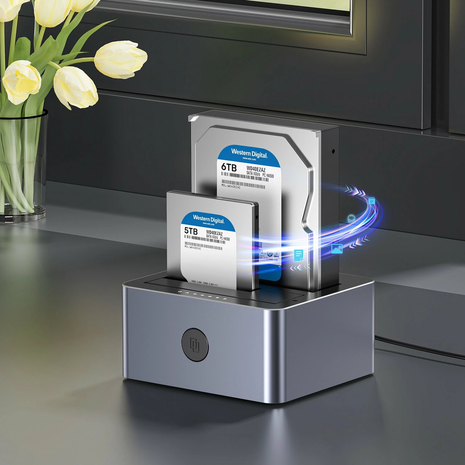 Stacion klonimi/dokimi disqesh Unitek Y-3026GY01-EU, 2x SATA 2.5\"/3.5\", USB 3.2 Gen 1 5Gbps, klonim offline, gri, set me kabllo USB-A dhe adapter 12V 3A