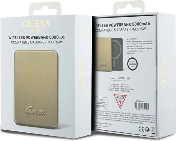 Powerbank wireless Guess Metal Script Logo MagSafe, 5000mAh, 15W, Ari