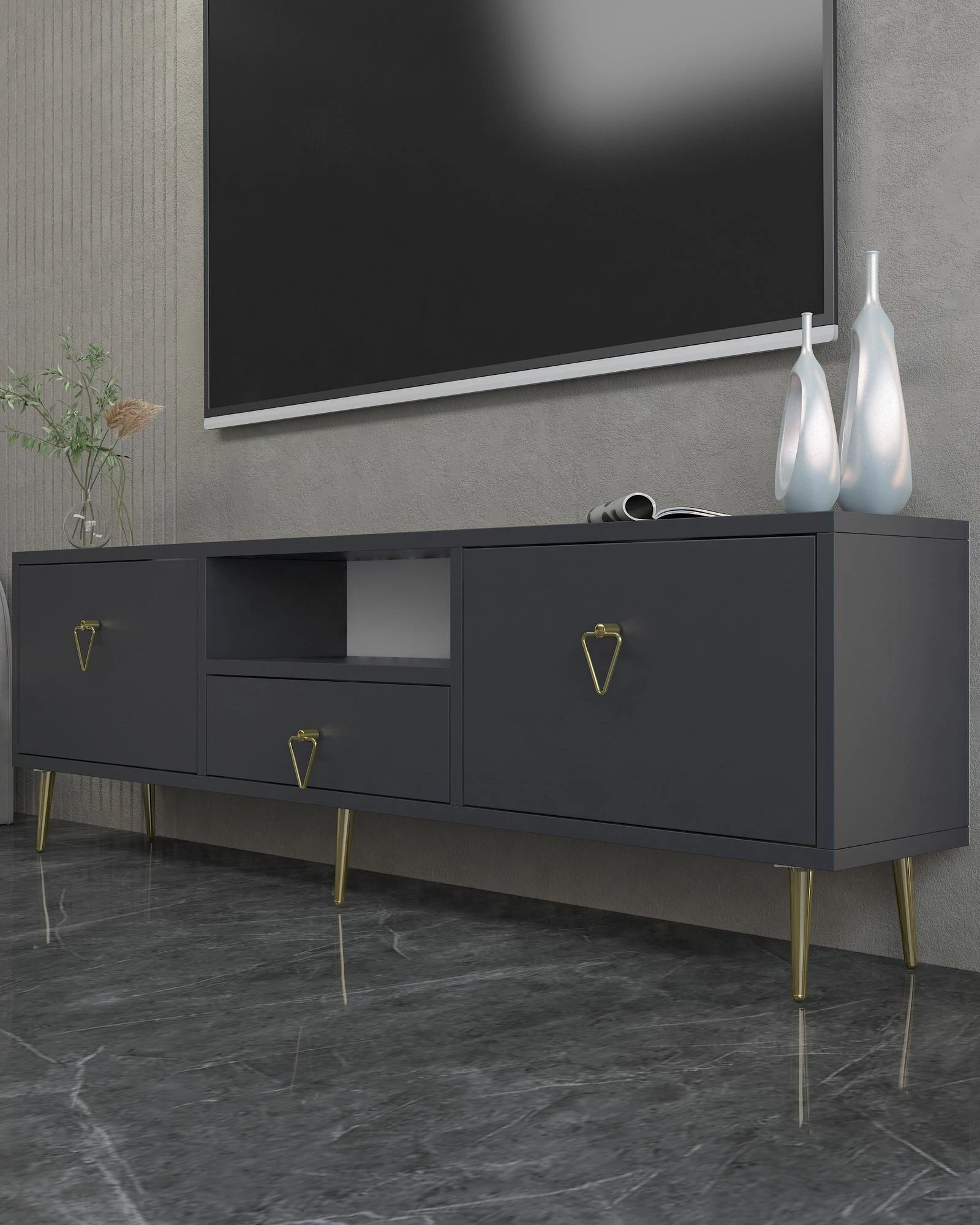 Komodë për TV, ngjyrë antracit dhe ari, Skye Decor, 1306-DROP-1