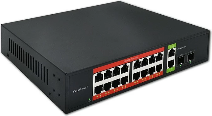 Switch PoE gigabit, Qoltec 52292, 16x RJ45 PoE 10/100, 2x RJ45 uplink 1000 Mbps, 2x SFP 1000 Mbps, unmanaged