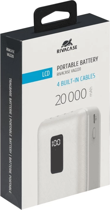 Powerbank RIVACASE VA2220 20000mAh 10W me ekran LCD, 4 kabllo (MicroUSB, Type-C, Lightning, USB-A), i bardhë