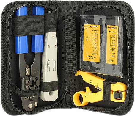 Komplet veglash për kabllo rrjeti DeLOCK 86105, me tester RJ45/RJ11, e zezë/bardhë
