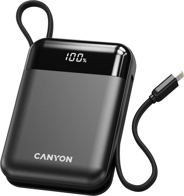 Power bank CANYON OnPower 104 10000mAh 22.5W me kabllo të integruara USB-C/Lightning, i zi