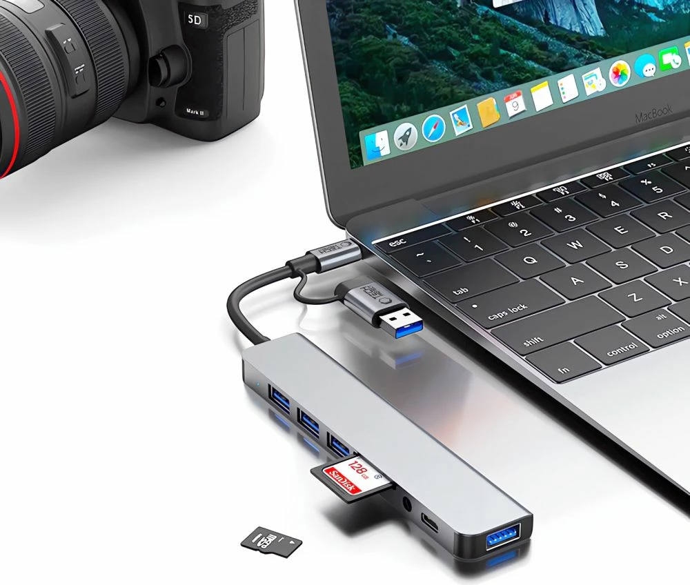 HUB adapter Tech-Protect HB06 8-në-1, Type-C + USB2.0 + USB3.0 + SD/TF + AV3.5, Gri