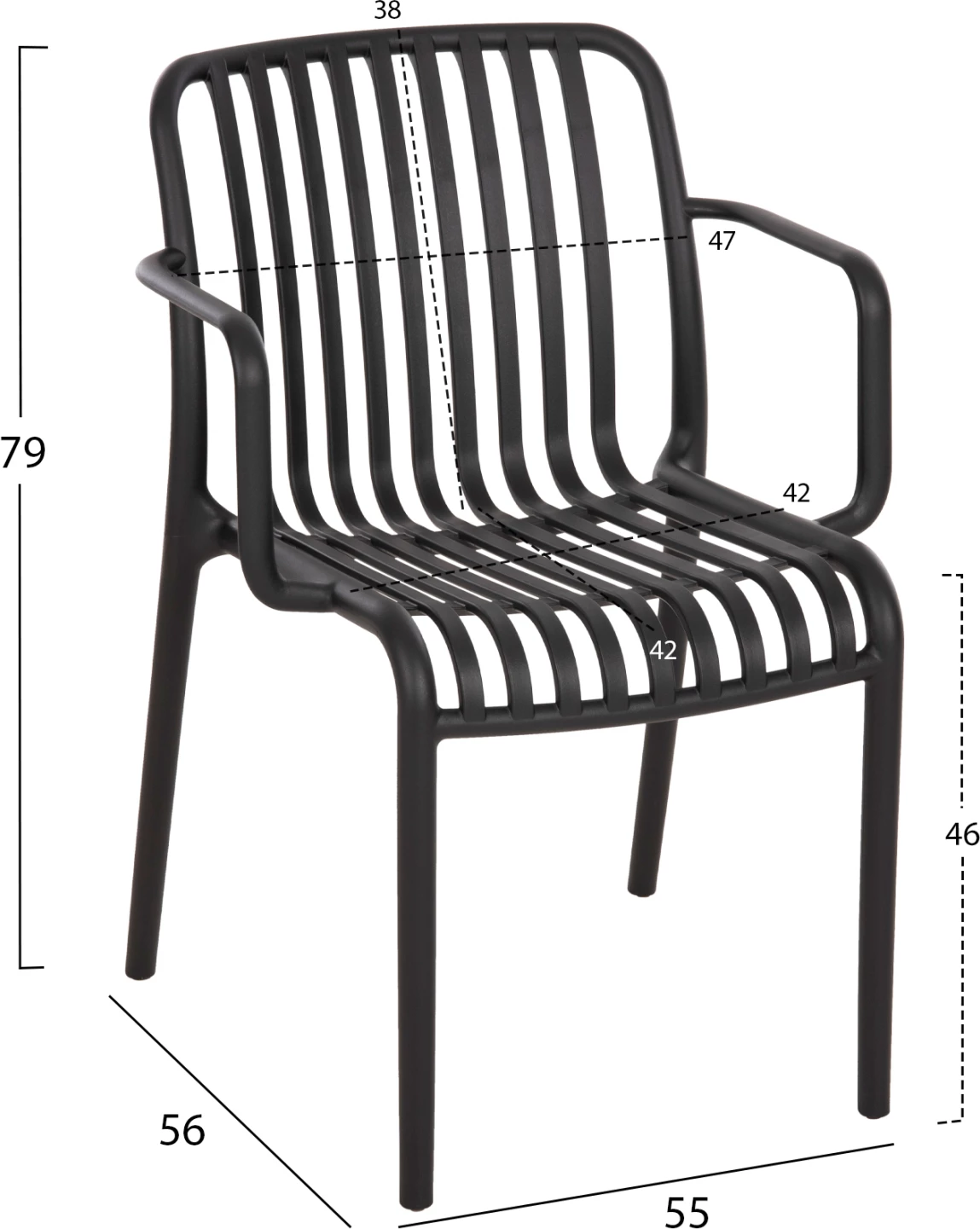 Karrige me mbështetëse CONVEE për ambiente të jashtme, Polipropilen i zi, 55×56×79 cm