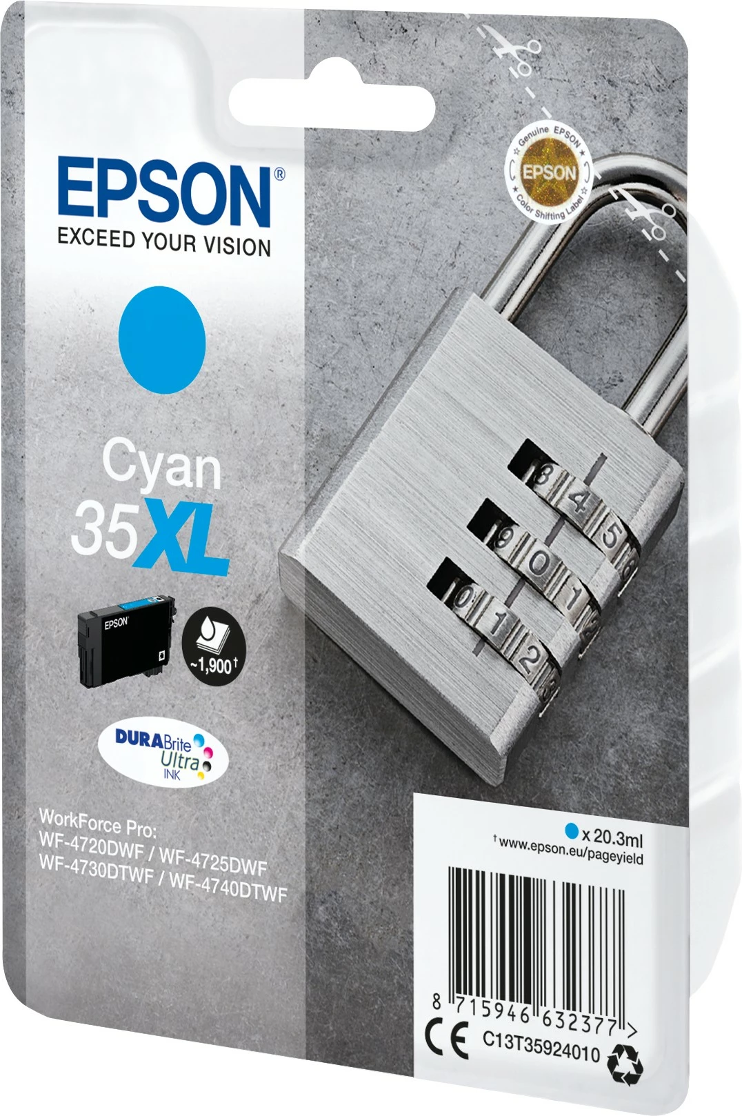 Patron Epson Padlock Singlepack Cyan 35XL DURABrite Ultra Ink, 20.3 ml, Cyan