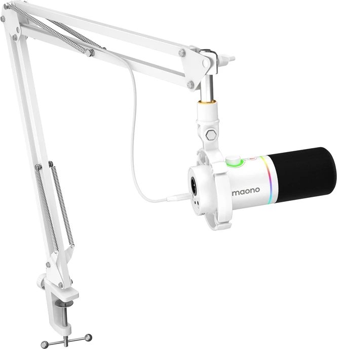 Mikrofon Maono PD200XS, dinamik, kardioid, RGB, i bardhë, me krah montimi