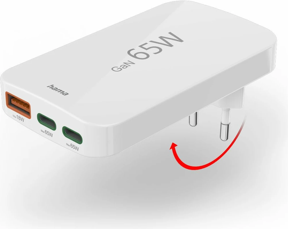 Karikues muri Hama GaN 65W, 2x USB-C, 1x USB-A, i bardhë, palosës