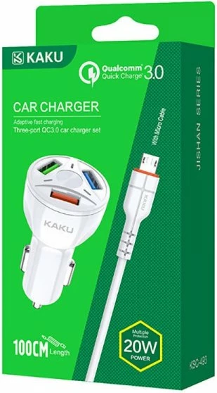 Karikues për veturë Kaku KSC-493 QC 3.0, 20W, 3x USB, kabllo Micro USB 1m, e bardhë