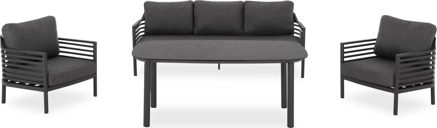 Set lounge 4 pjesësh WALES, alumin i errët, OLEFIN, tavolinë xhami 3D, gri