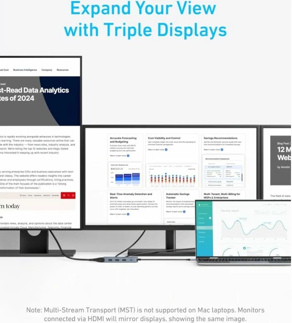 Hub USB-C ANKER PowerExpand A83790A2, 8-në-1, triple display, 2x HDMI + VGA, USB-A/USB-C 5Gbps, PD pass-through 85W, gri