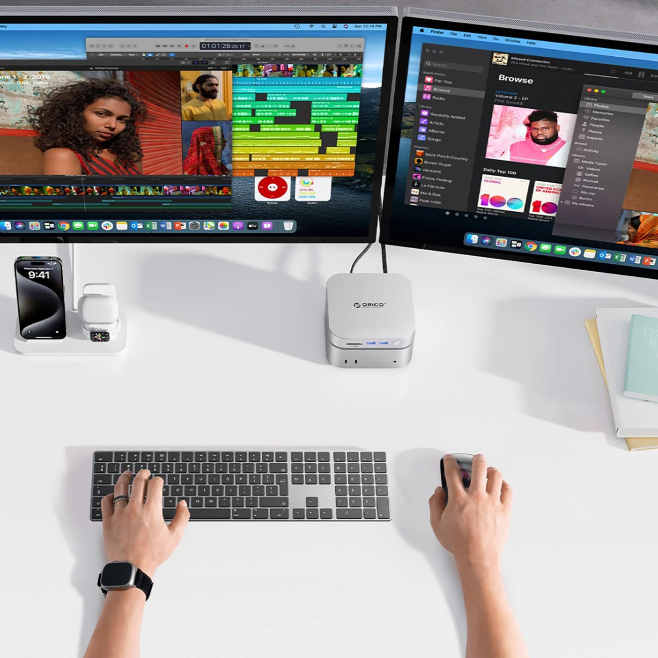 Docking station, Orico MiniLink, 9-në-1 me bay M.2 SSD NVMe, USB-C, për Mac mini/PC, argjendtë