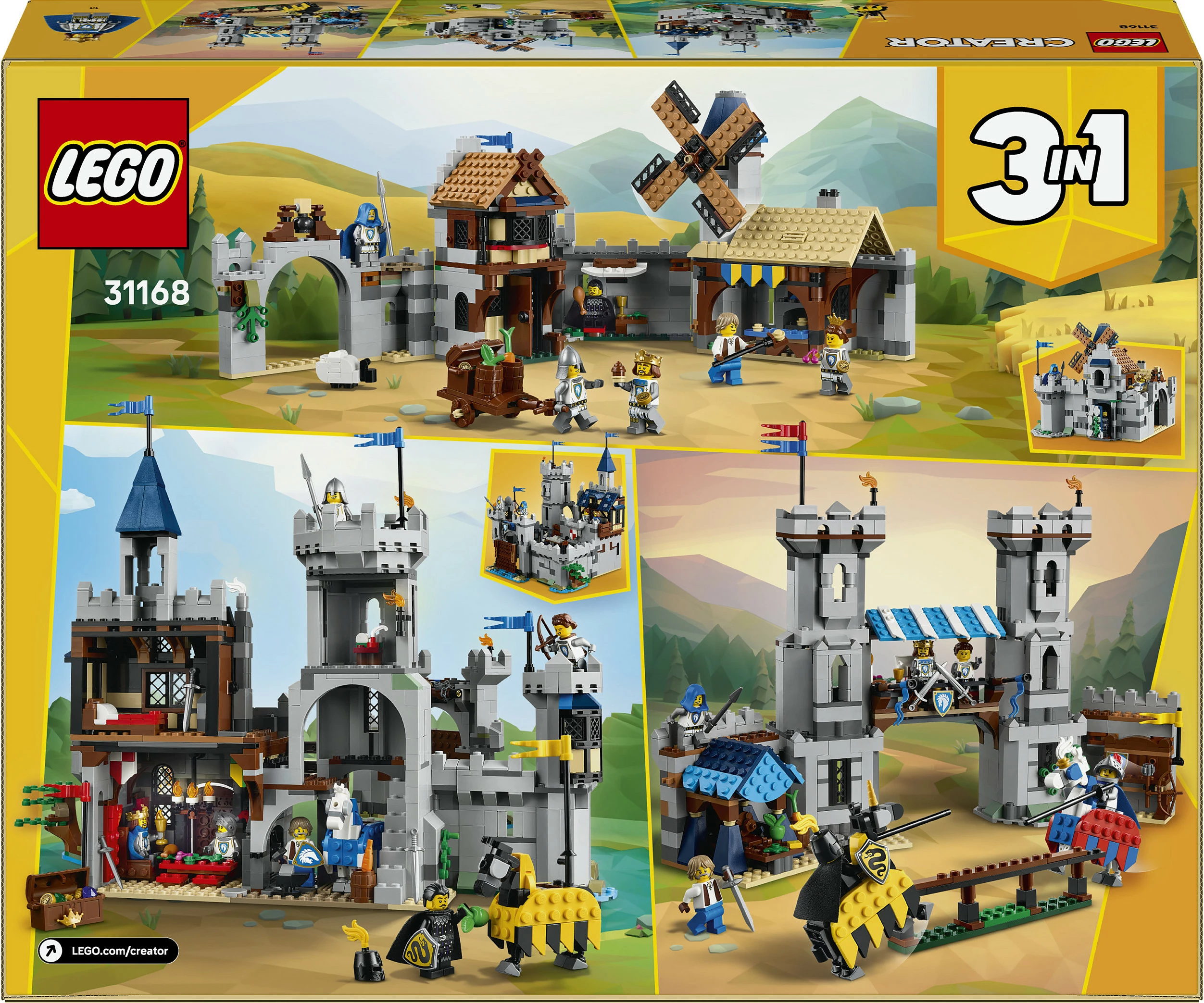 Set LEGO Creator 3in1 Medieval Horse Knight Castle 31168, 1371 copë, multikolor