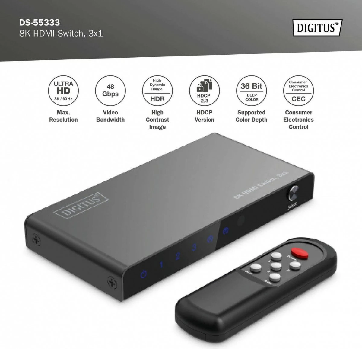Switch HDMI 8K Digitus DS-55333 me telekomandë, 3 hyrje, 1 dalje, e zezë