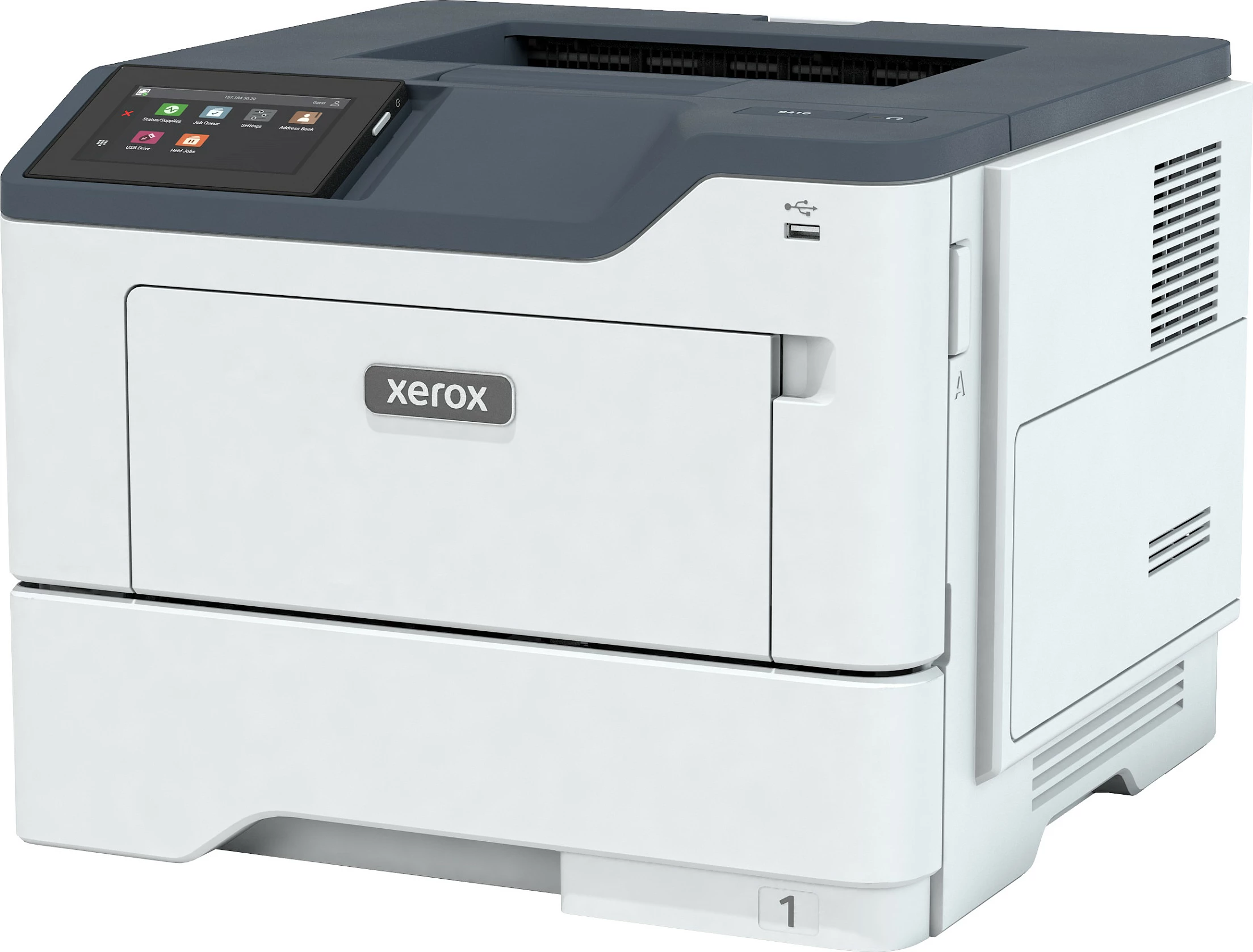 Printer laser Xerox B410, A4, 47ppm, duplex, 2 tabaka 650 fletë, 1200 x 2400 DPI, Ethernet, bardhë/gri