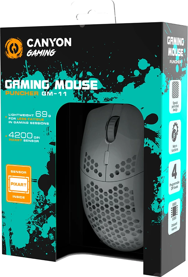Maus gaming CANYON Puncher GM-11, 4200 DPI, 7 butona programueshëm, RGB, me kabllo USB 1.65 m, 128.5x67x37.5 mm, i bardhë