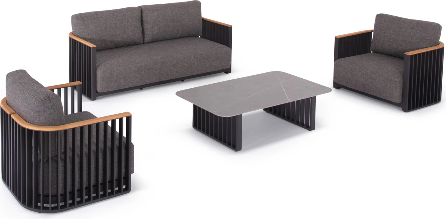 Set lounge për jashtë, 4 pjesë, seria Eternity, alumin anthracite, sipërfaqe guri sinterizuar, ngjyrë gri e errët