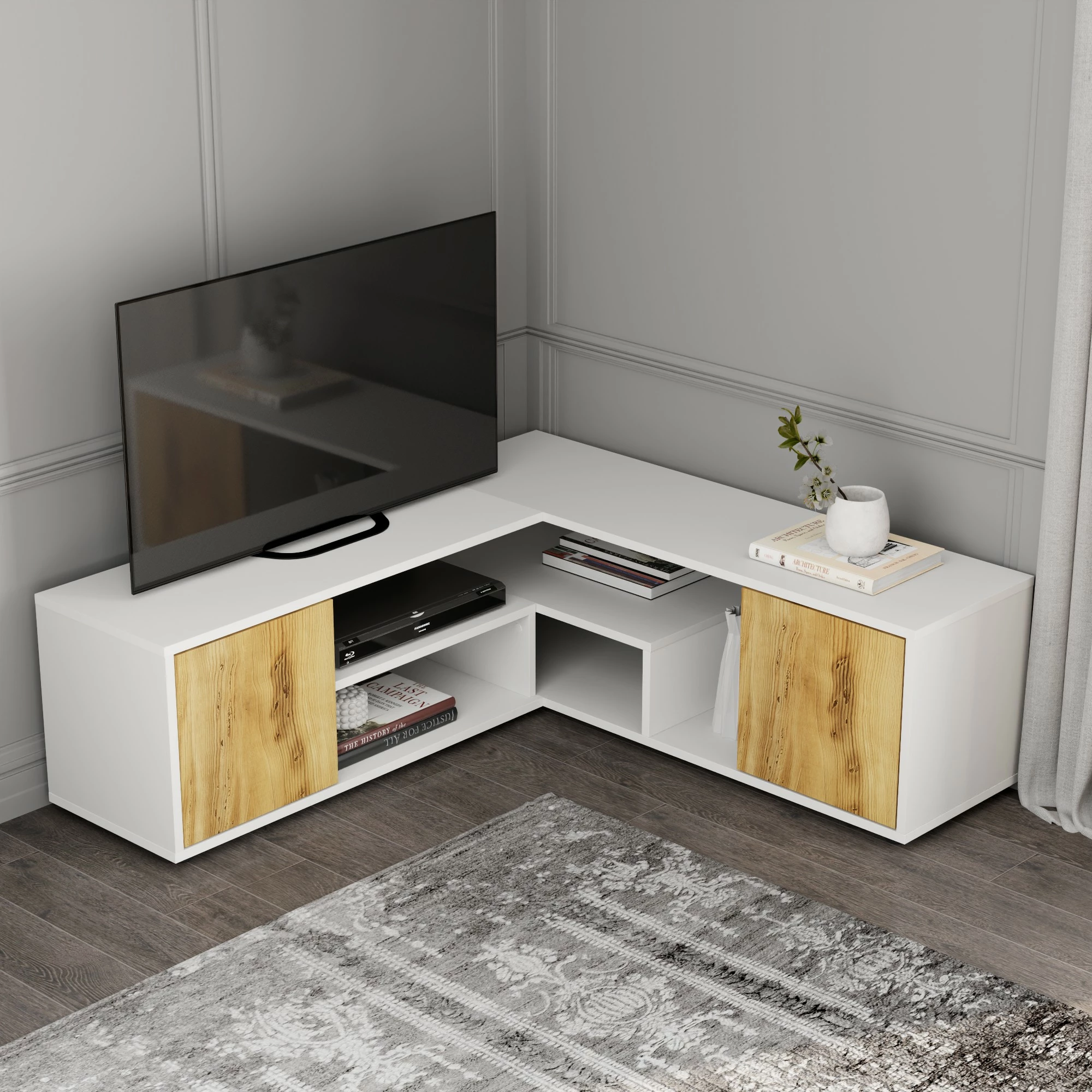 Komodë për TV Skye Decor, ngjyrë e bardhë dhe lis