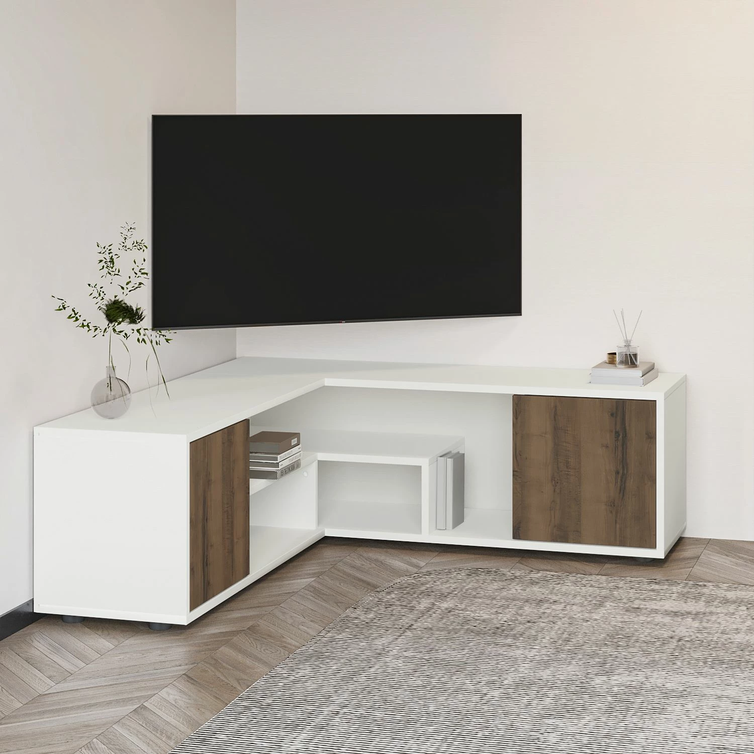 Komodë për TV Skye Decor, ngjyrë e bardhë dhe lis