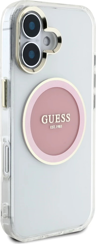 Mbështjellës Guess IML Metal Colored Circle Classic Logo MagSafe për iPhone 16, Rozë