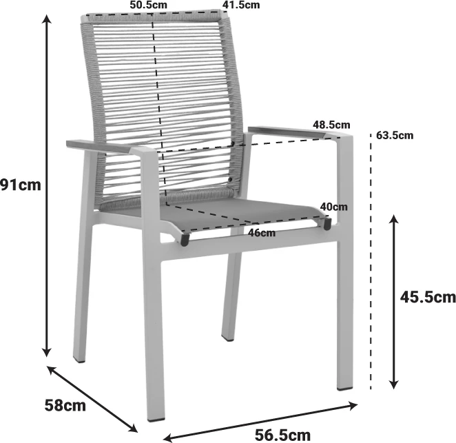 Karrige me krahë Aegean, alumini anthracite, litar natyral, doreza teak, 57x64x87cm
