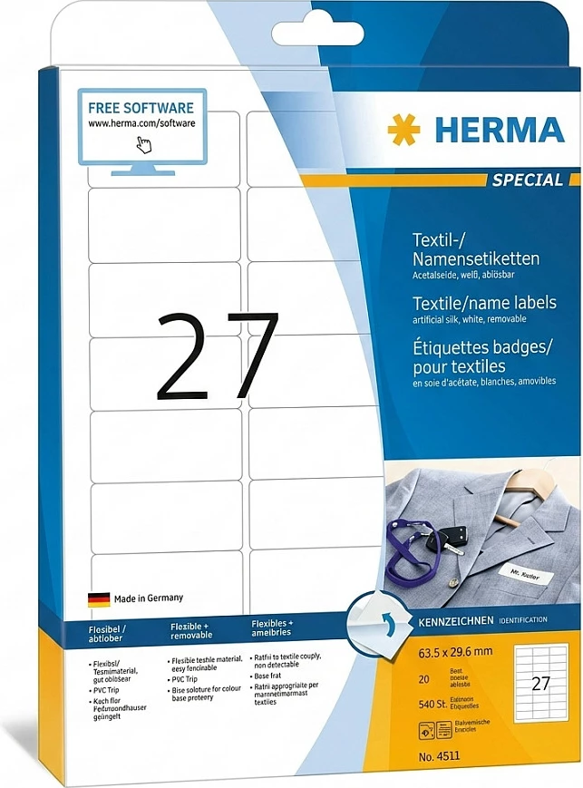 Etiketa tekstili HERMA A4 63.5x29.6mm, 540 copë, të bardha