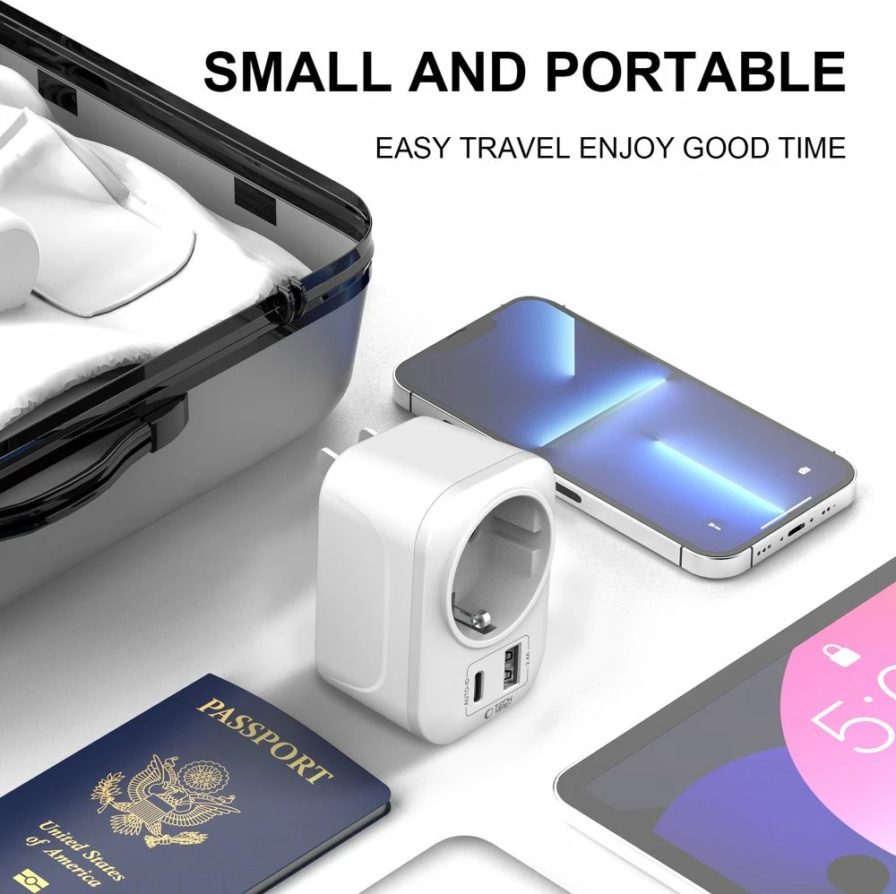 Adapter udhëtimi Tech-Protect TA100, EU në US, USB-A + USB-C, 2500W, 100-250V, i bardhë, 1 copë