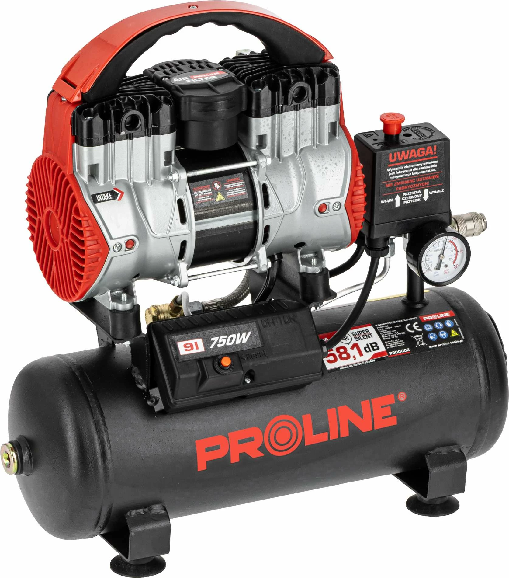 Kompresor ajri pa vaj PROLINE P200003, 9L, 750W/1HP, 8 bar, 167 L/min, kuqe/zezë