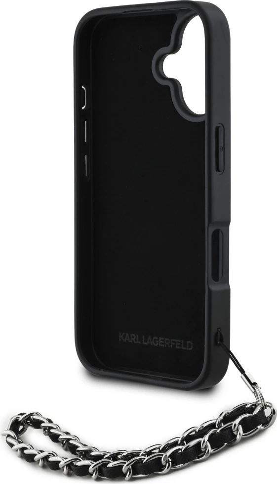 Mbështjellës Karl Lagerfeld Saffiano Crystals me zinxhir për iPhone 16, i zi