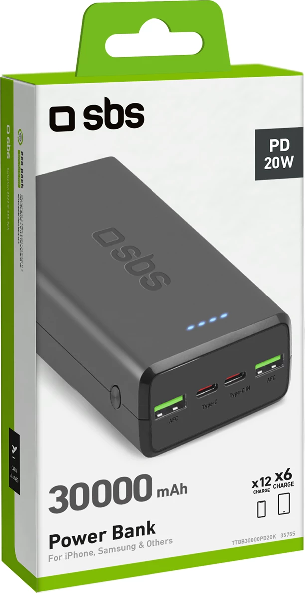Powerbank SBS TTBB30000PD20K, 30000 mAh, 2x USB-C, 2x USB-A, e zezë