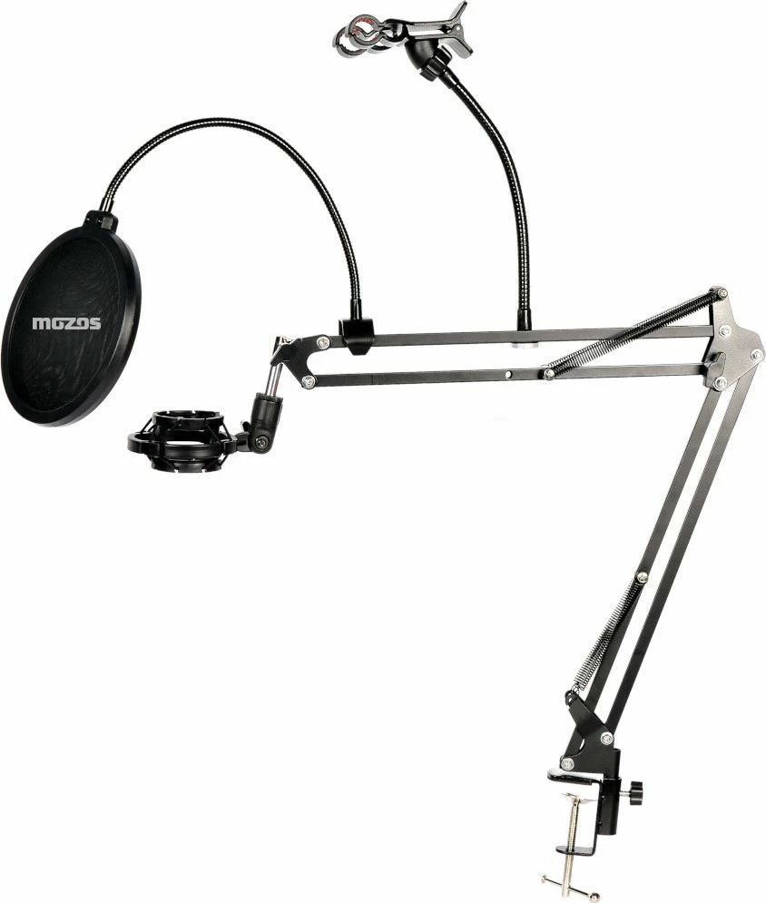 Set aksesorësh për mikrofon Mozos MKIT-DESK, mbajtëse tavoline me krah, pop filter, shock mount, mbajtëse telefoni, e zezë