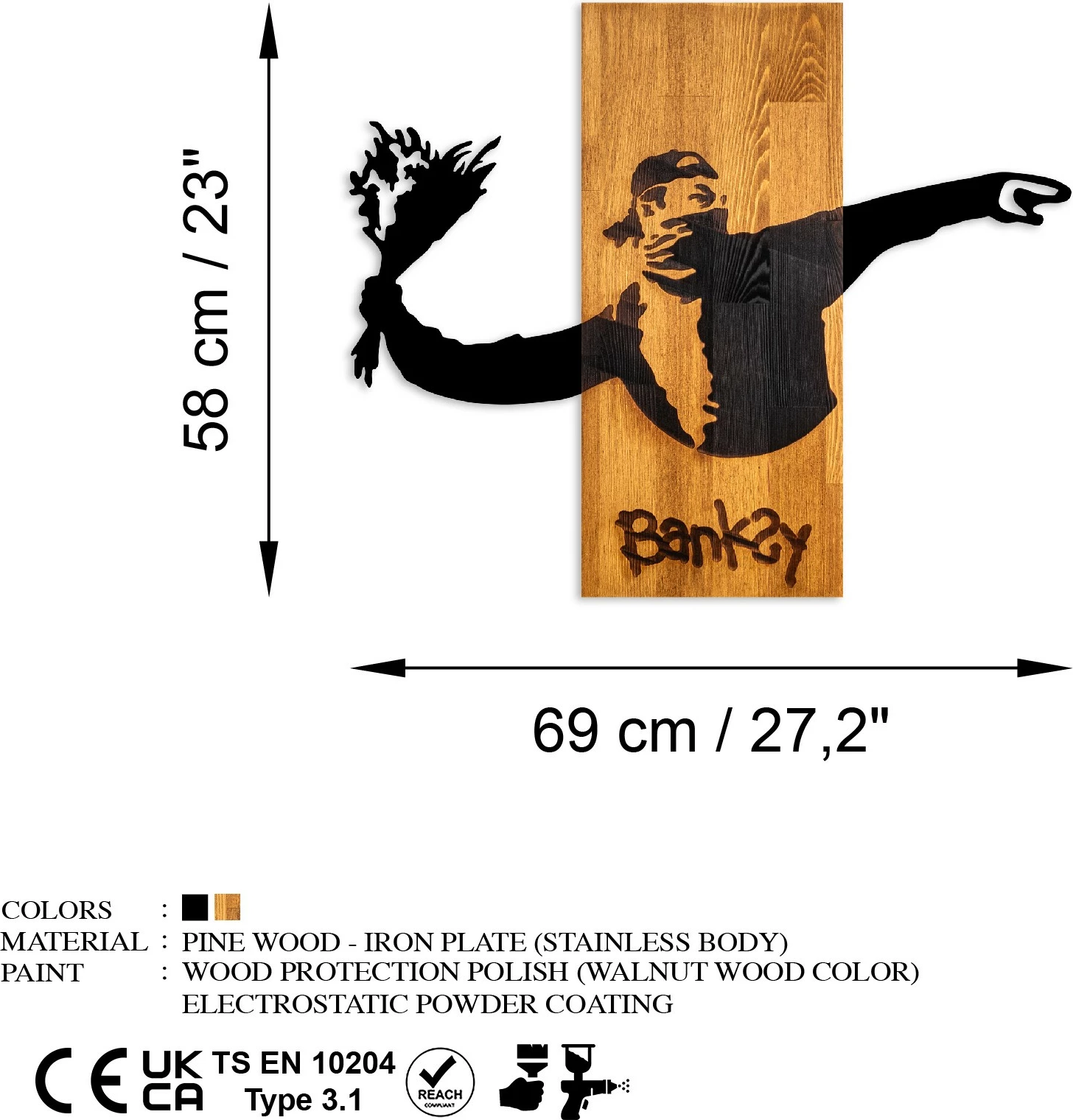 Aksesor dekorativ për mur, dru natyral, Banksy - Flower Thrower, ngjyrë arre, e zezë