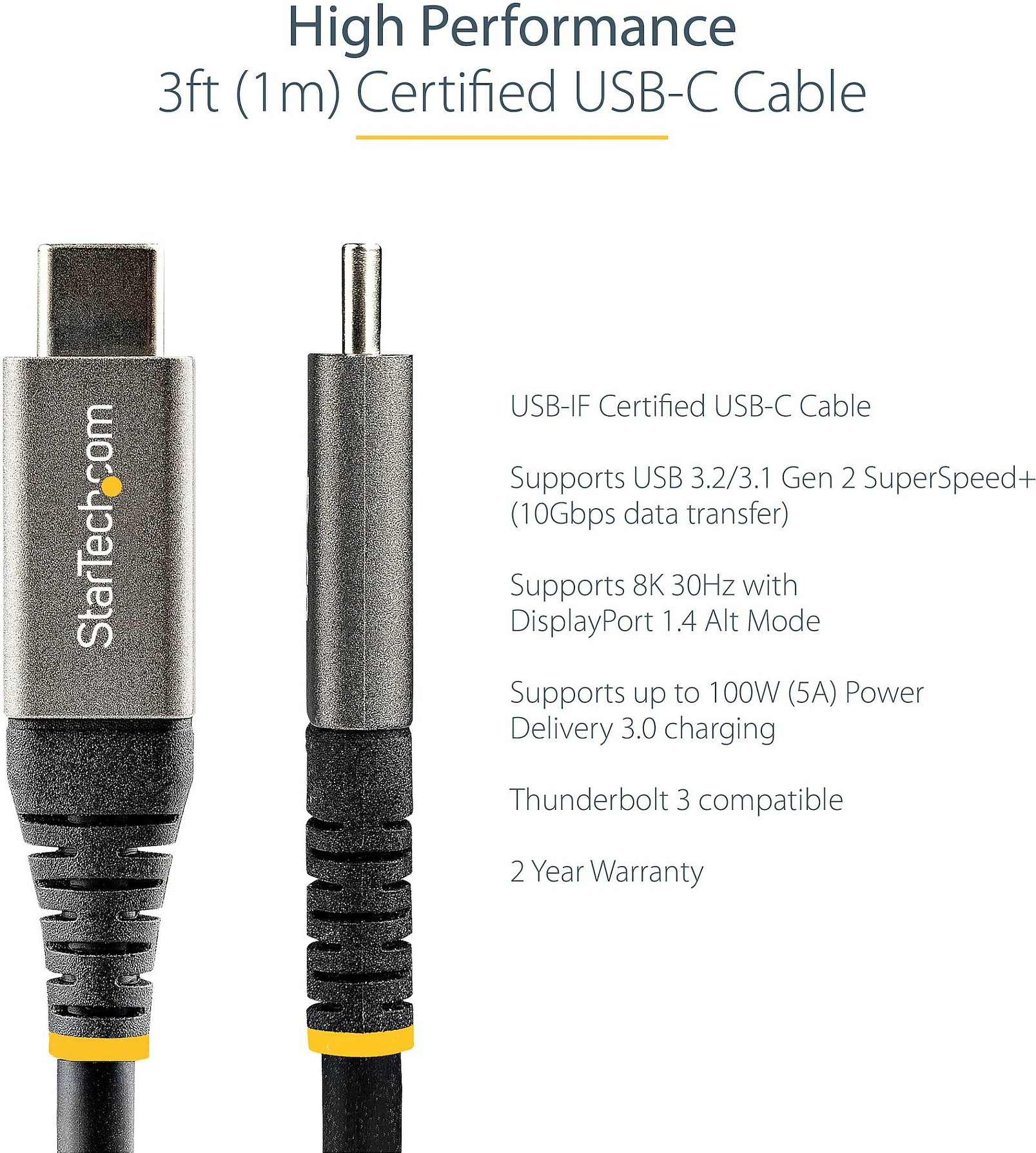 Kabll USB-C StarTech USB31CCV1M, 1 m, 10Gbps, PD 100W (5A), DP Alt Mode, zi/gri
