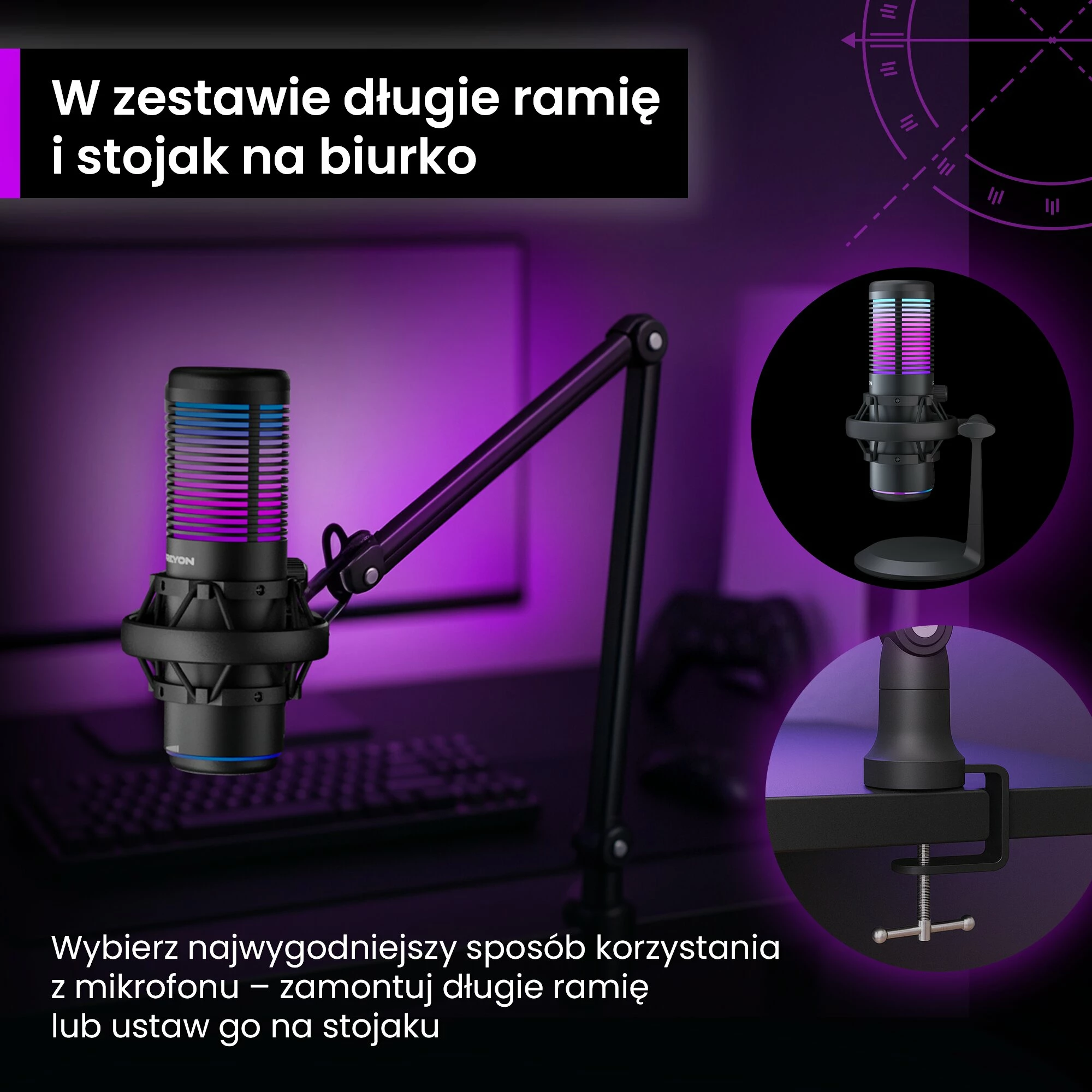 Mikrofon gaming USB PREYON Osprey Scream POS43B, RGB, cardioid/omnidirectional, me krah dhe kapëse tavoline, i zi