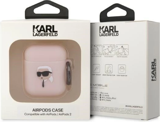 Mbështjellës Karl Lagerfeld për AirPods 1/2, silikon, rozë, me unazë