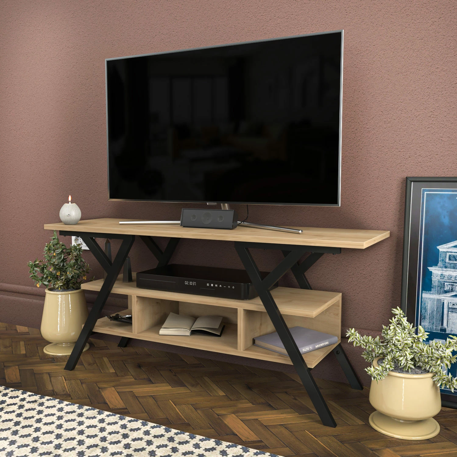 Komodinë TV Skye Decor, Minerva, e zezë dhe lis