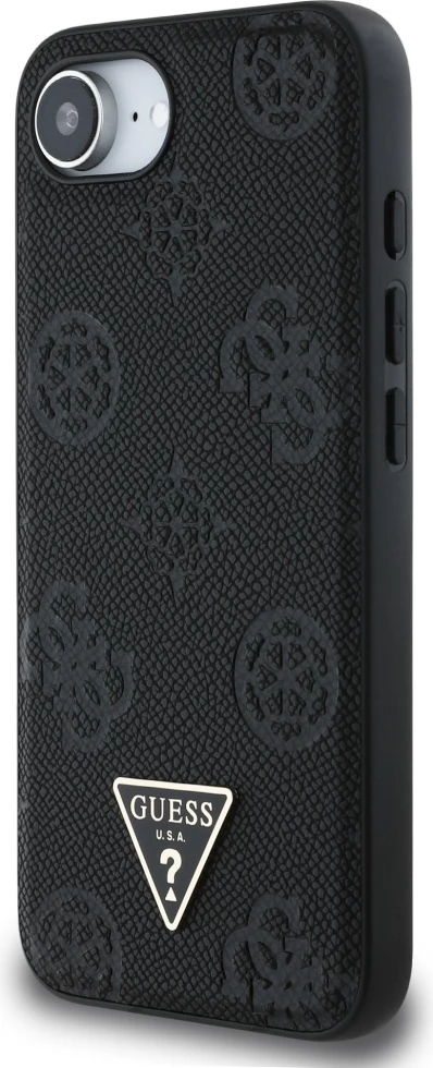 Mbështjellës Guess Grained Hot Stamp Peony Triangle Logo MagSafe për iPhone 16e, i zi