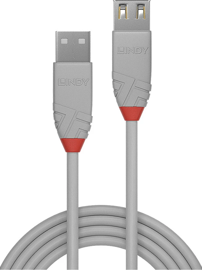 Kabllo zgjatëse USB LINDY Anthra Line, USB 2.0 Type-A Mashkull në Femër, 1 m, 480 Mbps, Gri