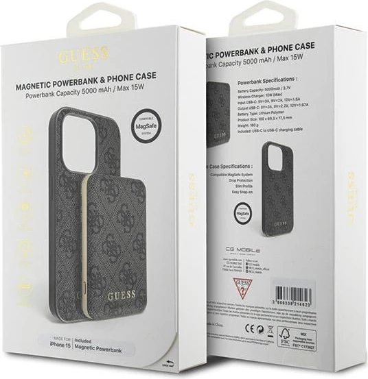 Mbështjellës Guess 4G Metal Logo me powerbank MagSafe 5000mAh për iPhone 15, Zi, Set