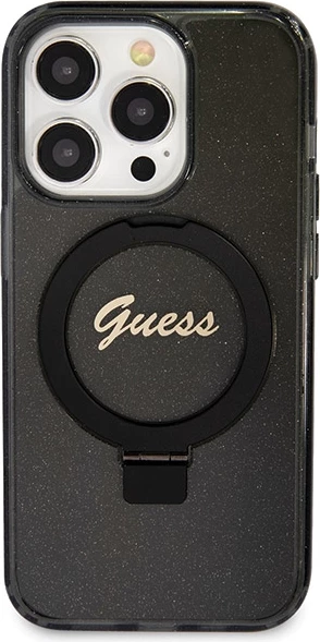 Mbështjellës Guess Ring Stand Script Glitter MagSafe për iPhone 14 Pro, i zi