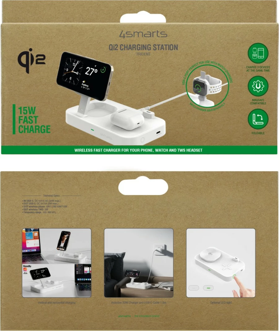 Karikues wireless 4smarts Qi2, 1.5 m, i bardhë