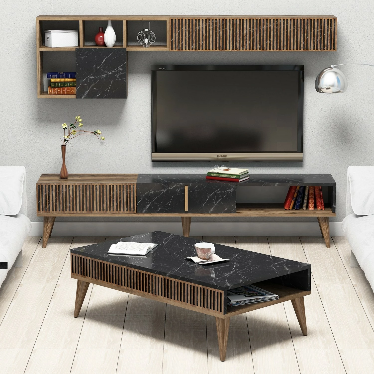 Set mobiljesh për dhomë dite, Milan, ngjyrë arre dhe e zezë