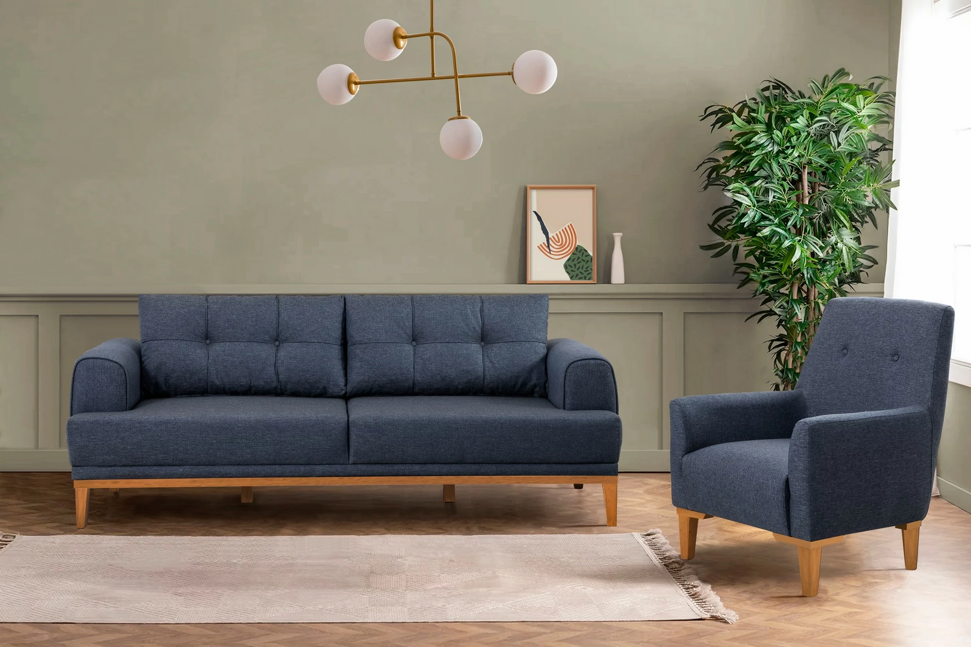 Set divanësh Atelier del Sofa, Vina, ngjyrë kaltër e errët, këmbë druri Atlantic Pine