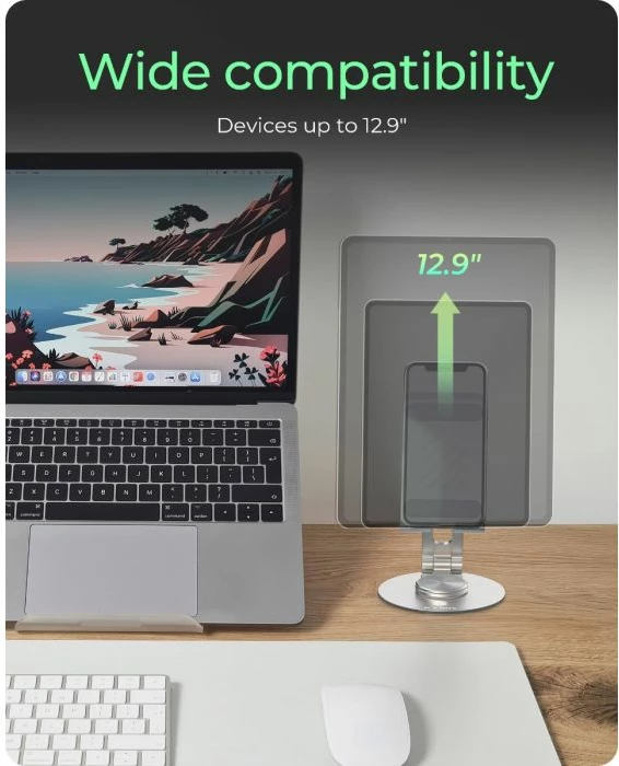 Mbajtëse tavoline për tablet dhe celular ICYBOX IB-TH201-R deri 12.9", 360° rrotullim, argjendtë/zi-gri