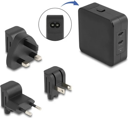 Karikues USB-C DeLOCK 65W GaN, 2x USB Type-C PD 3.0, adapter EU/US/UK, i zi