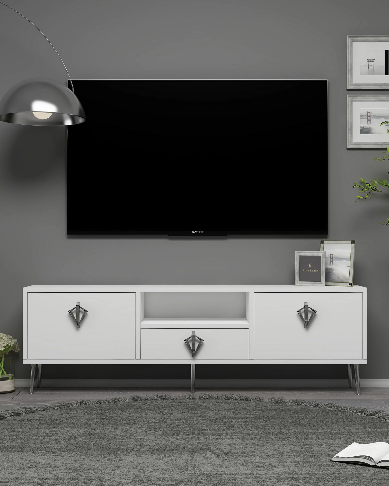 Komodë TV Skye Decor, 1313-DROP-32, e bardhë, argjend