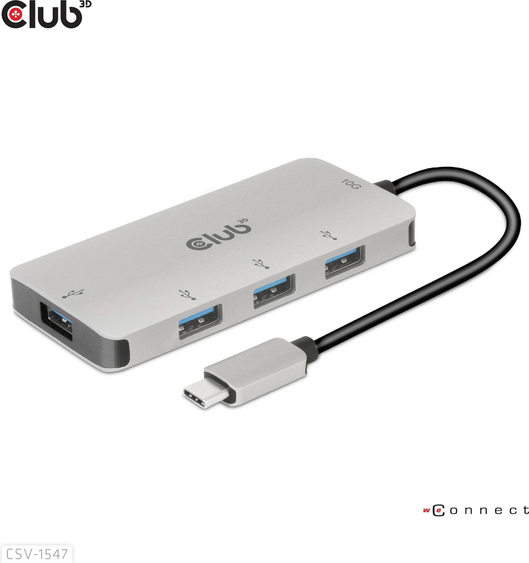 USB hub Club3D CSV-1547, 4x USB 3.1 Type-A, 10Gbps, Type-C, zi/argjendtë