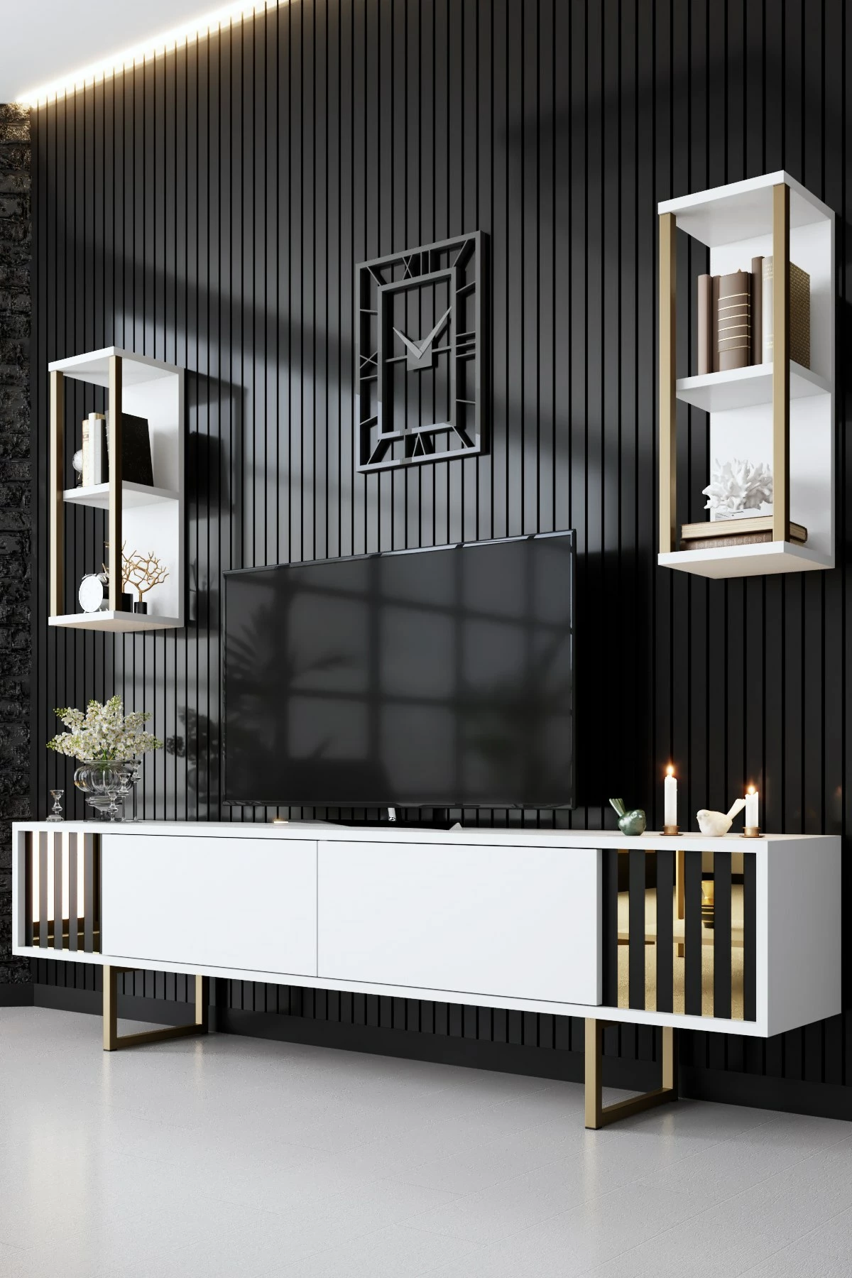 Komodë TV Hanah Home, Gold Line, e bardhë, e zezë